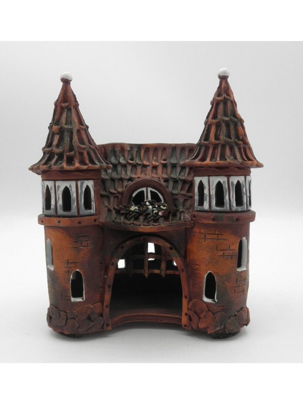 Handarbeit Lithuanian Terracotta Village Figurine Double Tower Luminary Tealight